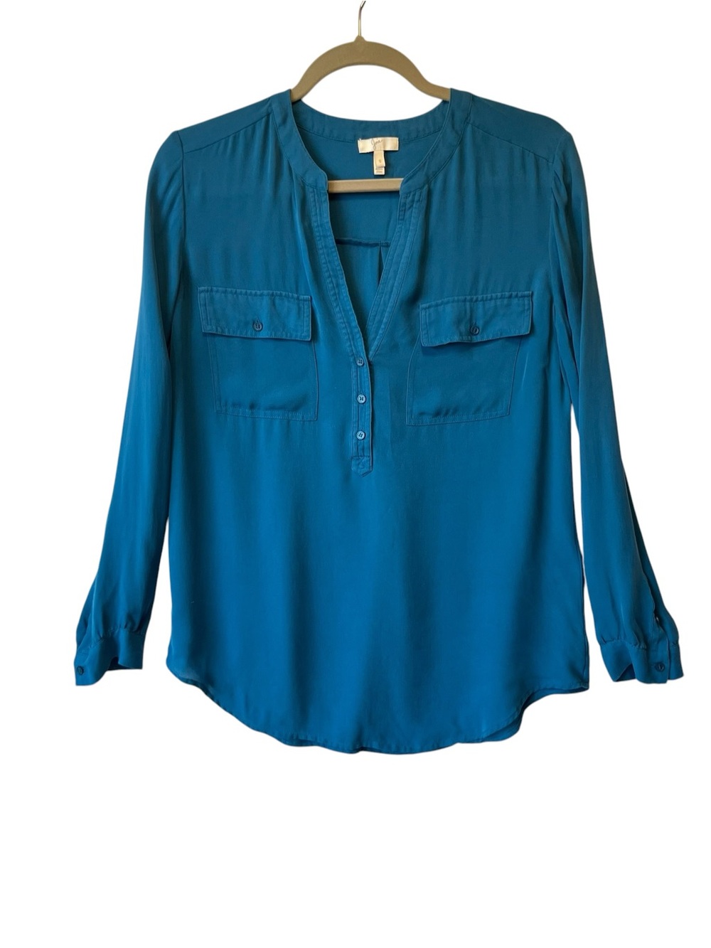 Joie 100% Silk blouse Small Long sleeve Blue V-neck Pockets Lightweight top - Picture 11 of 12
